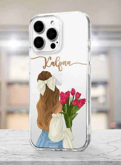 Personalized phone cover with artistic girl illustration and floral theme, featuring custom name space on clear silicone case.