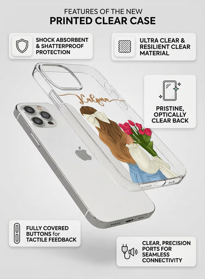 Personalized phone cover with artistic girl illustration and floral theme, featuring custom name space on clear silicone case.