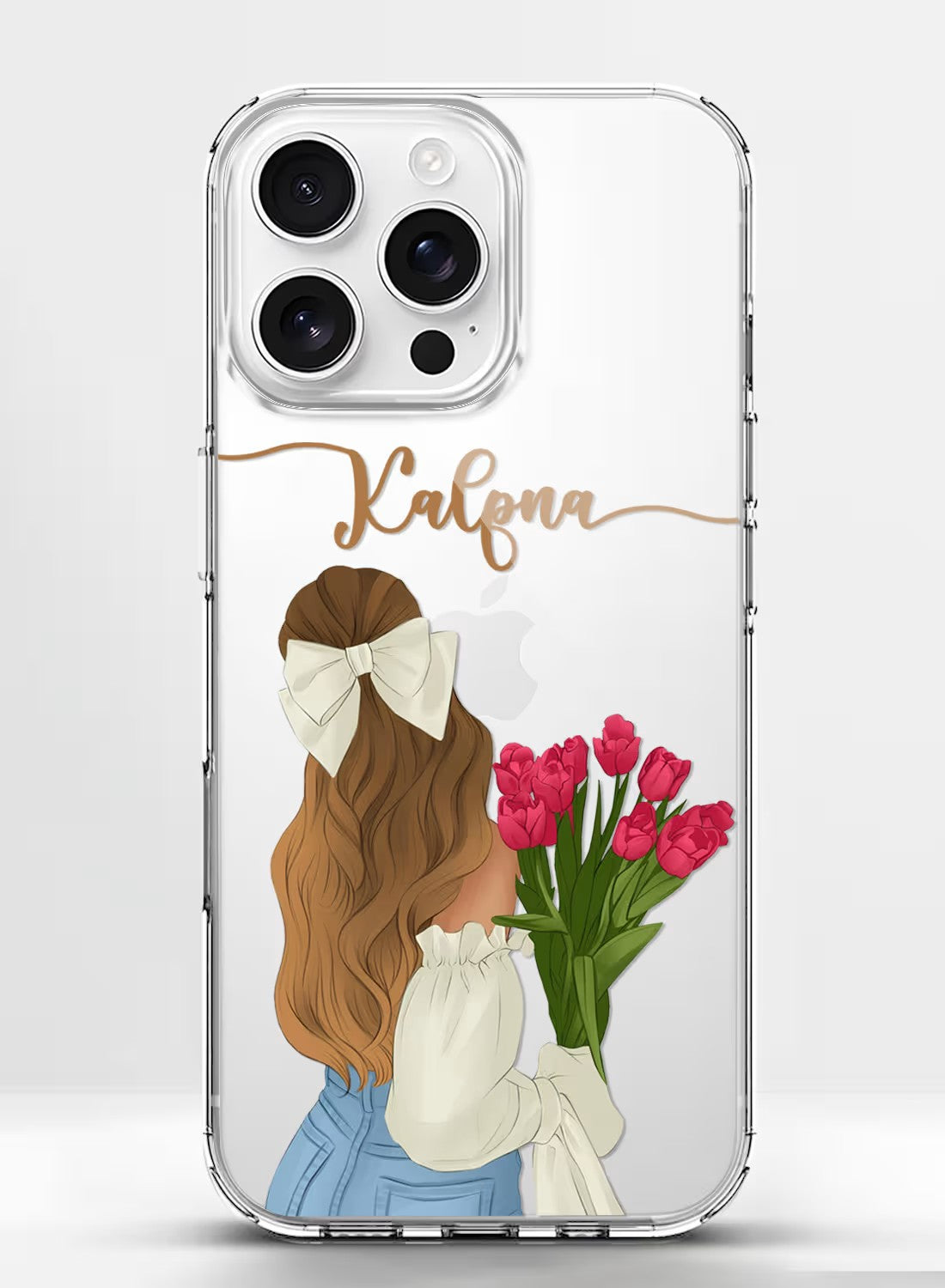 Personalized phone cover with artistic girl illustration and floral theme, featuring custom name space on clear silicone case.