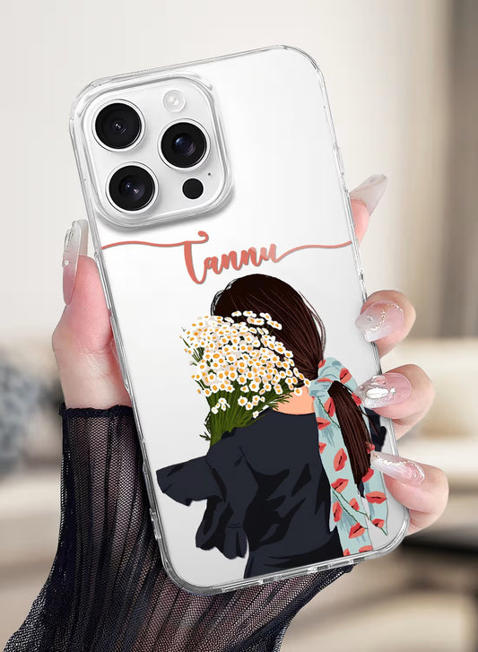 A clear phone case featuring an artistic girl holding a daisy bouquet with a custom name space, printed on high-quality silicone.