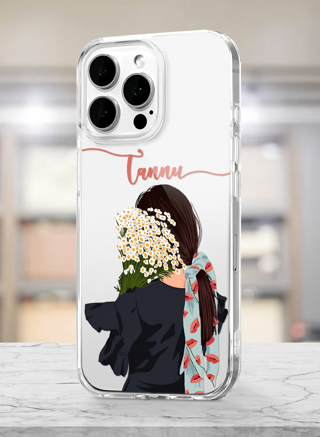 A clear phone case featuring an artistic girl holding a daisy bouquet with a custom name space, printed on high-quality silicone.