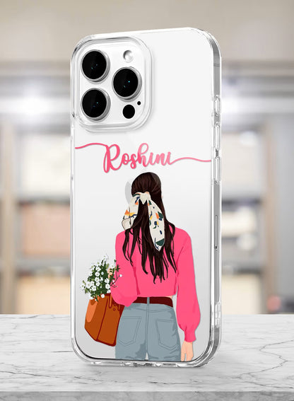 Aesthetic girl with daisy bouquet illustration on a clear silicone phone case with custom name option.