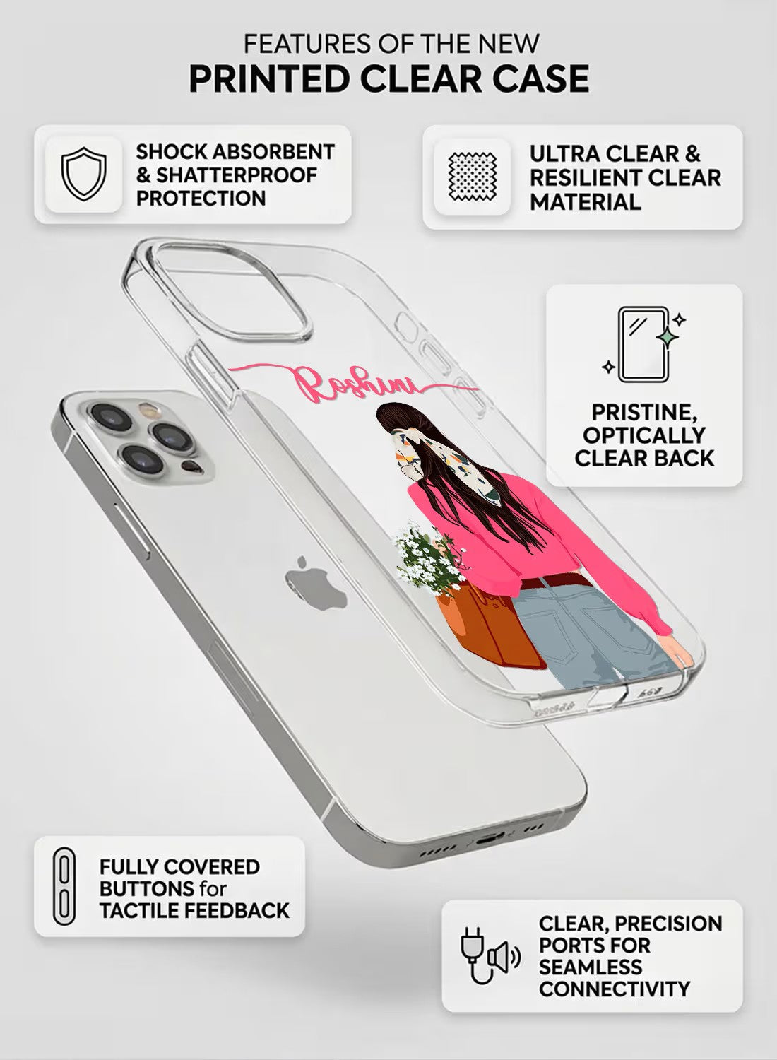 Aesthetic girl with daisy bouquet illustration on a clear silicone phone case with custom name option.