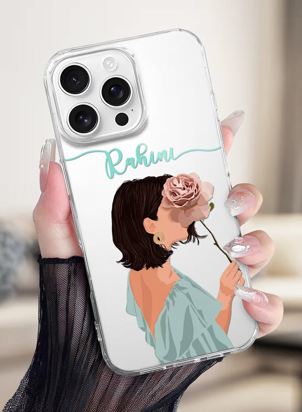 Custom Name Girl Holding Rose Aesthetic Phone Case