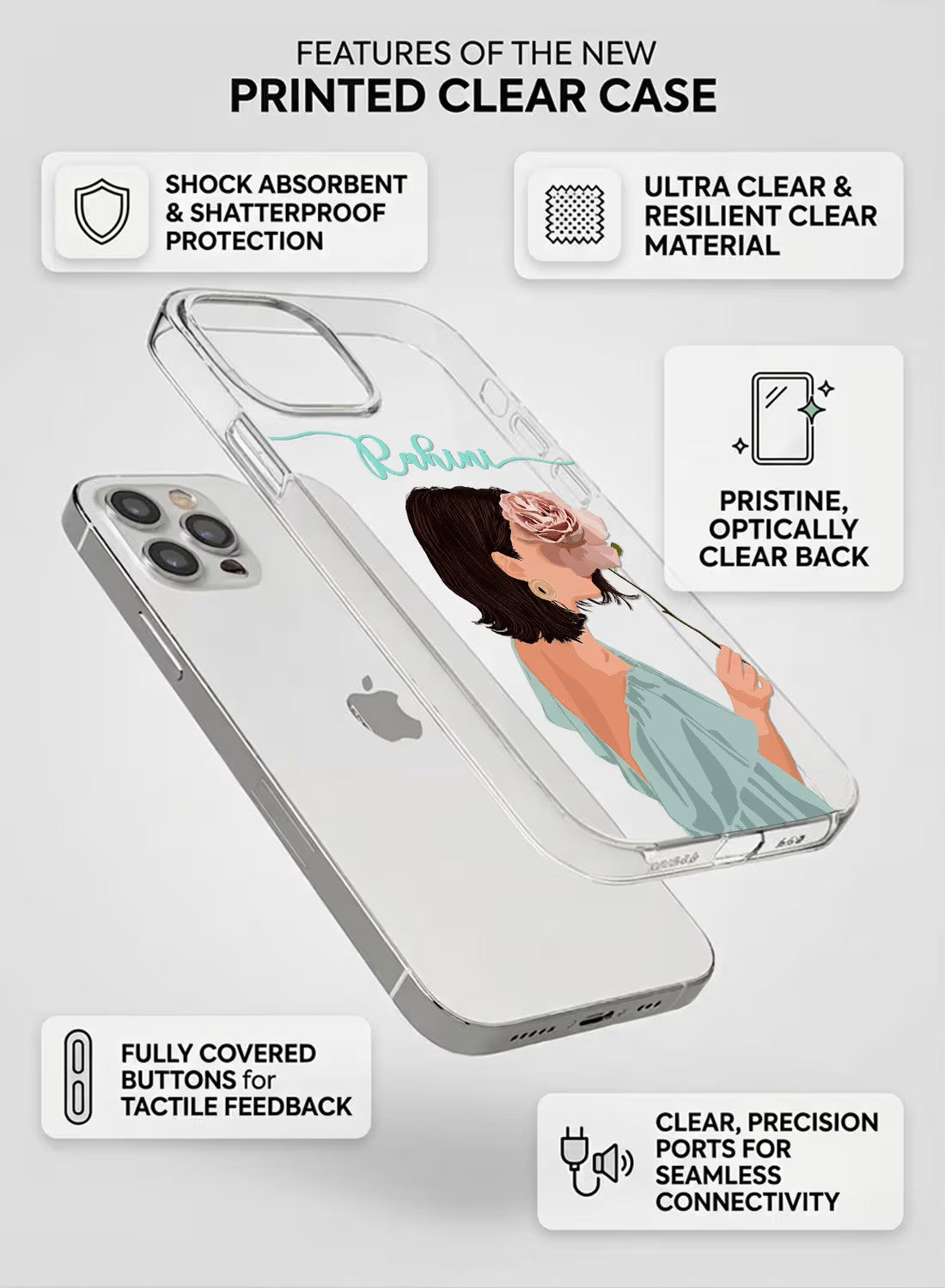 A clear phone case with a trendy girl holding a pink rose design and a customizable name area, shown from multiple angles.