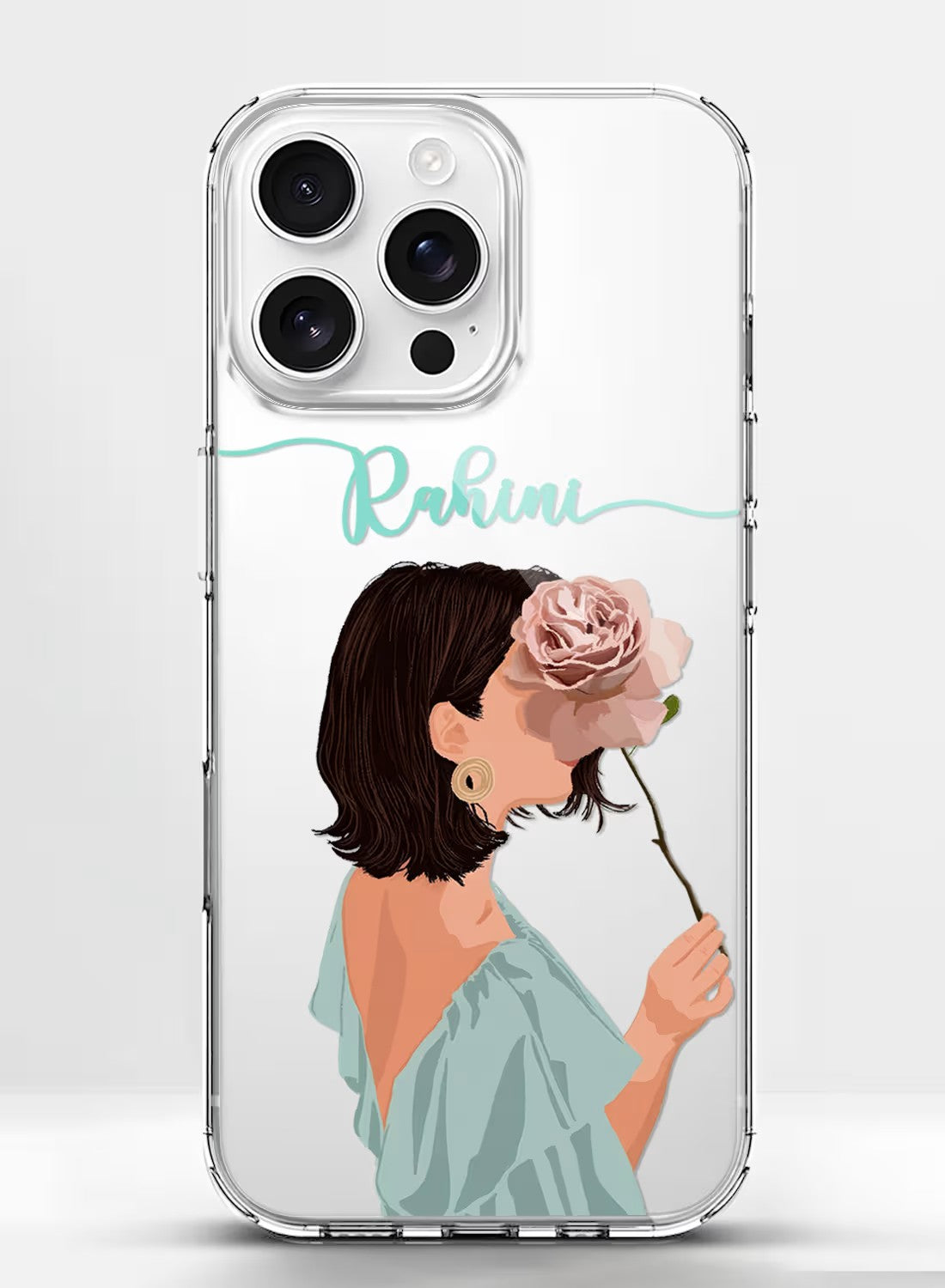 A clear phone case with a trendy girl holding a pink rose design and a customizable name area, shown from multiple angles.