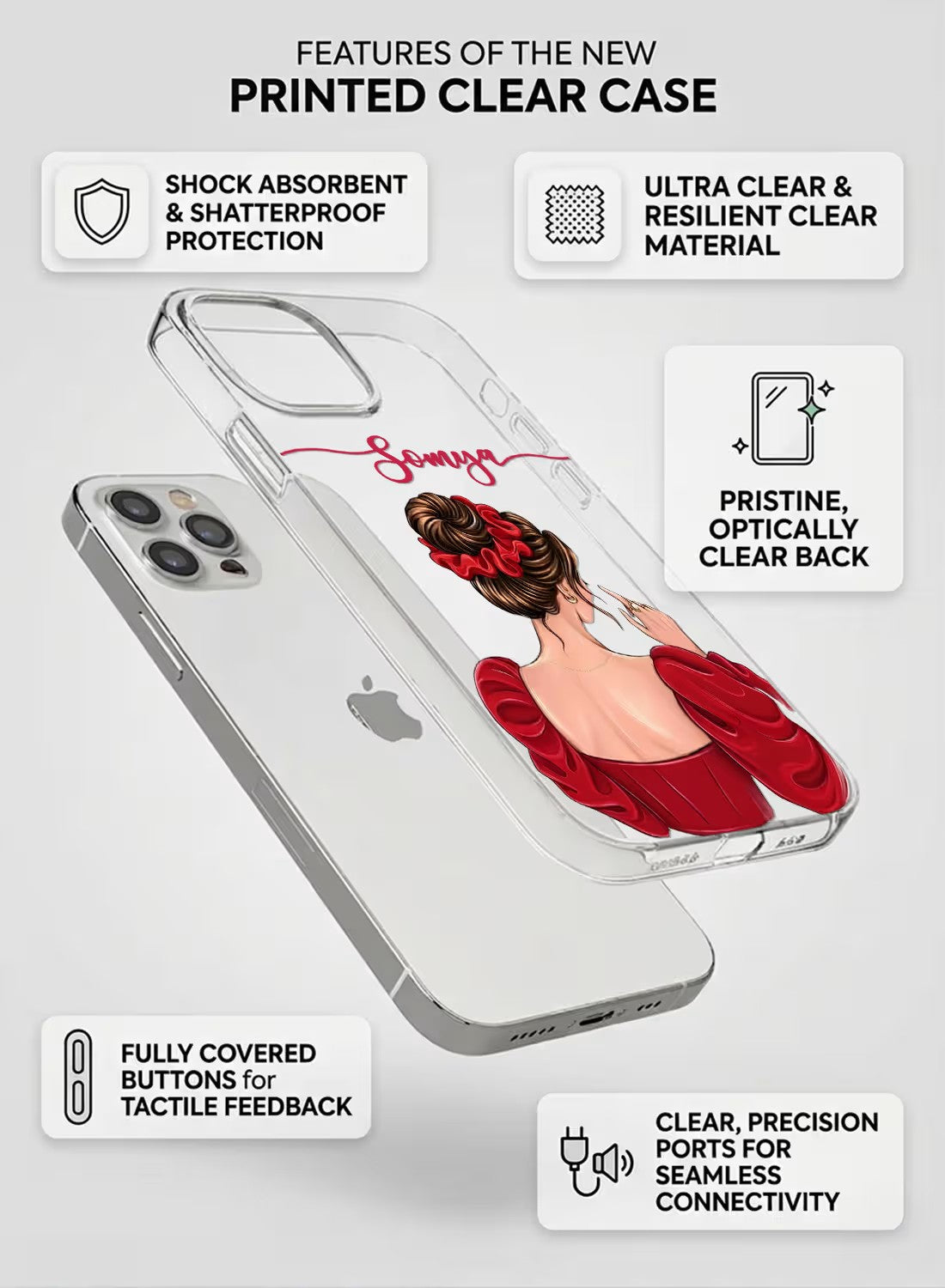 Clear silicone phone case featuring a stylish woman in a red dress with customizable name text on a sleek protective back.