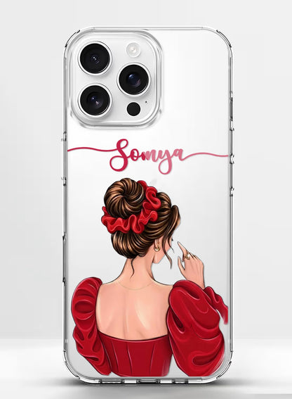 Clear silicone phone case featuring a stylish woman in a red dress with customizable name text on a sleek protective back.