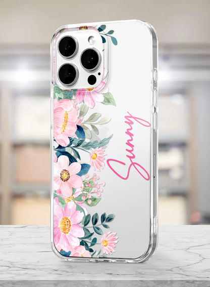 A sleek clear silicone phone case featuring a pink floral watercolor print with space for custom name personalization.