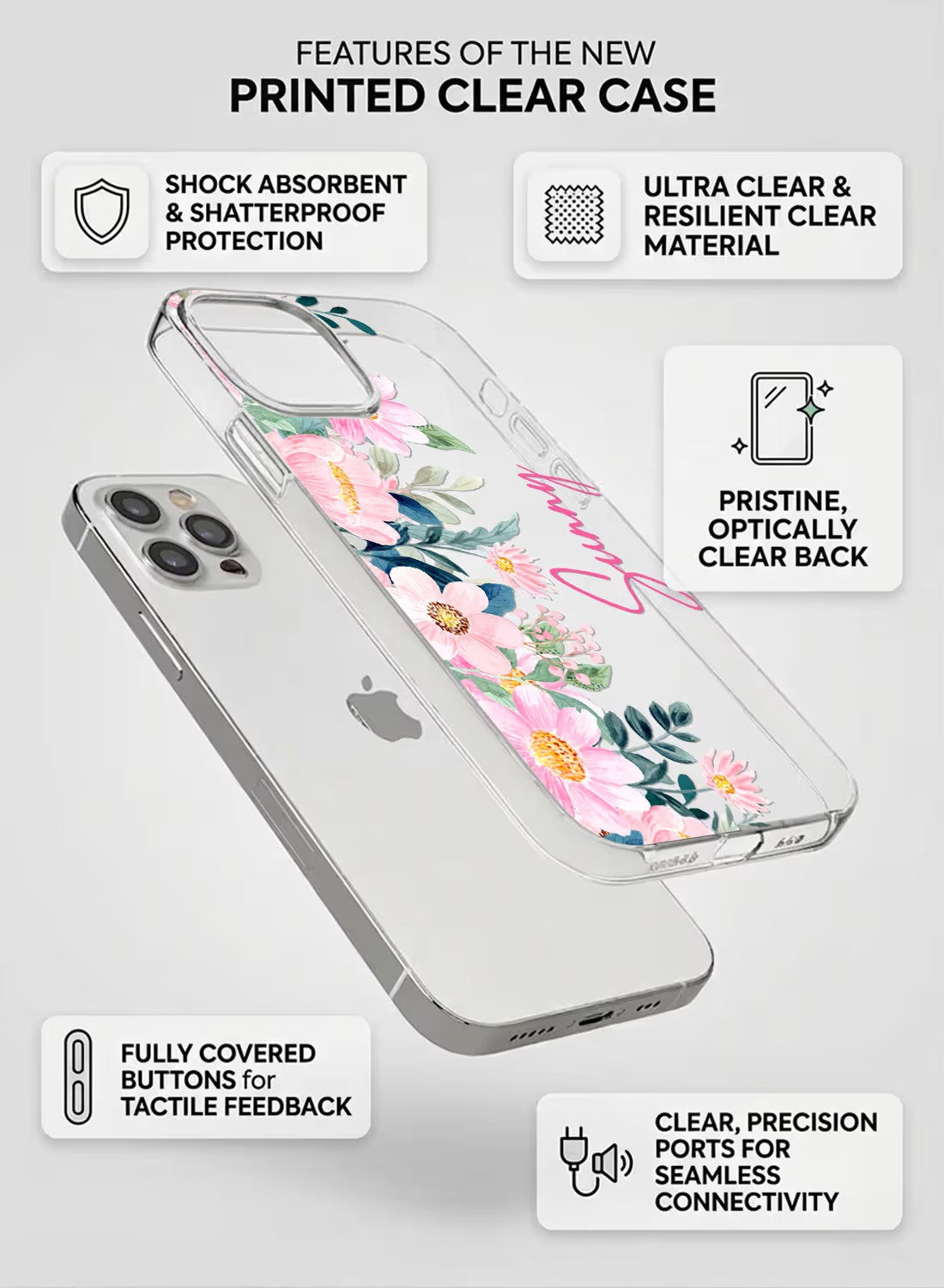 A sleek clear silicone phone case featuring a pink floral watercolor print with space for custom name personalization.