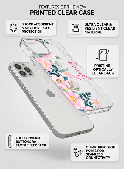 A sleek clear silicone phone case featuring a pink floral watercolor print with space for custom name personalization.