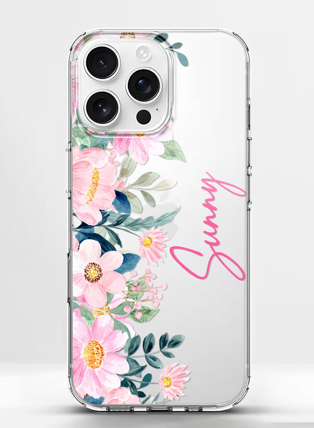 A sleek clear silicone phone case featuring a pink floral watercolor print with space for custom name personalization.