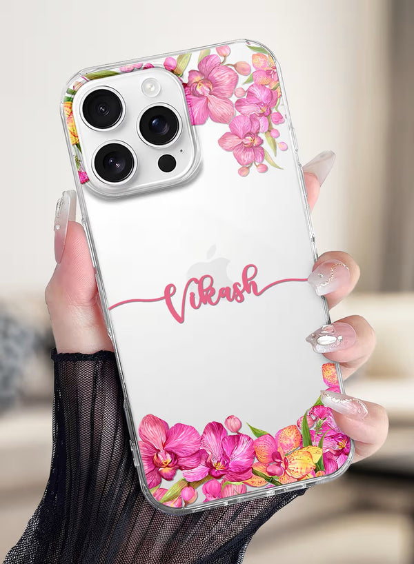 Personalized Vibrant Pink Orchid Floral Clear Phone Case