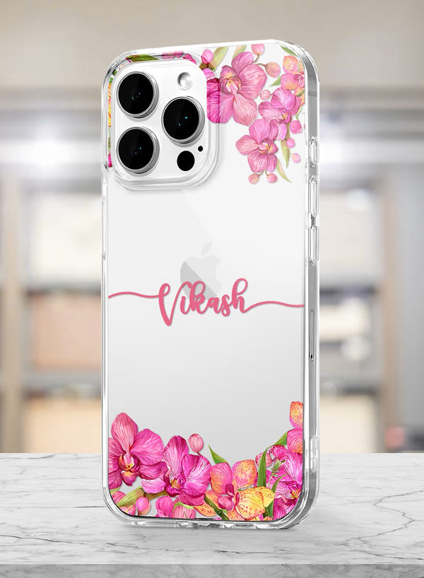 Personalized Vibrant Pink Orchid Floral Clear Phone Case