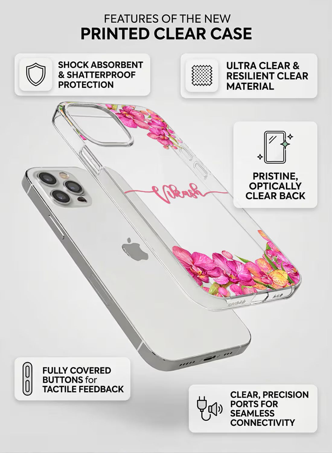 Personalized clear phone case with vibrant pink orchid flowers and custom name text in a watercolor style design.