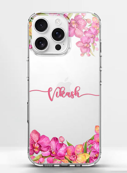 Personalized clear phone case with vibrant pink orchid flowers and custom name text in a watercolor style design.
