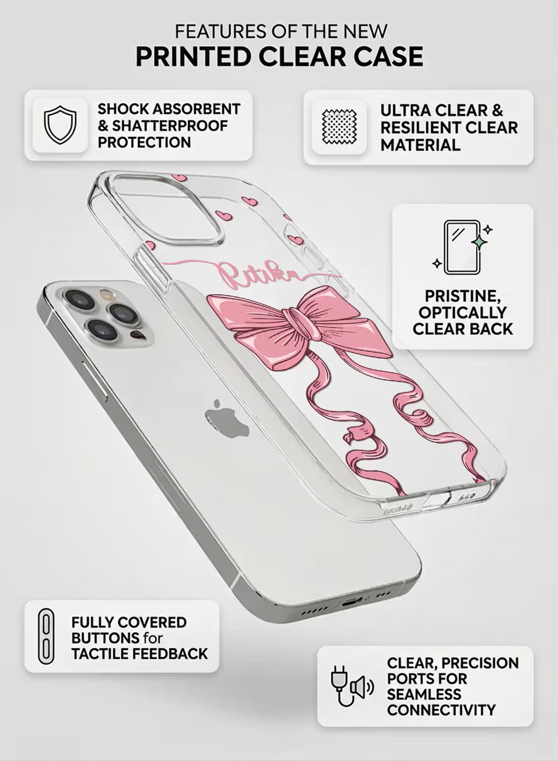 Custom name phone cover featuring a pink ribbon and hearts design on a clear silicone case for iPhone.
