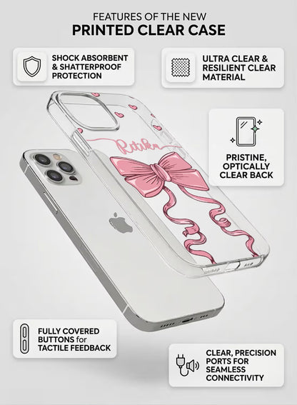 Custom name phone cover featuring a pink ribbon and hearts design on a clear silicone case for iPhone.