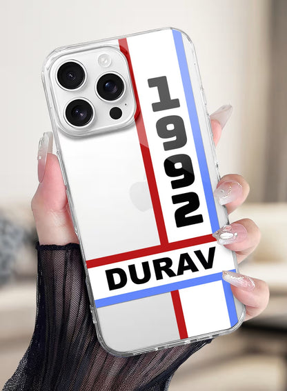 Personalized 1992 minimalist custom name phone case with red and blue stripes on clear silicone back cover.