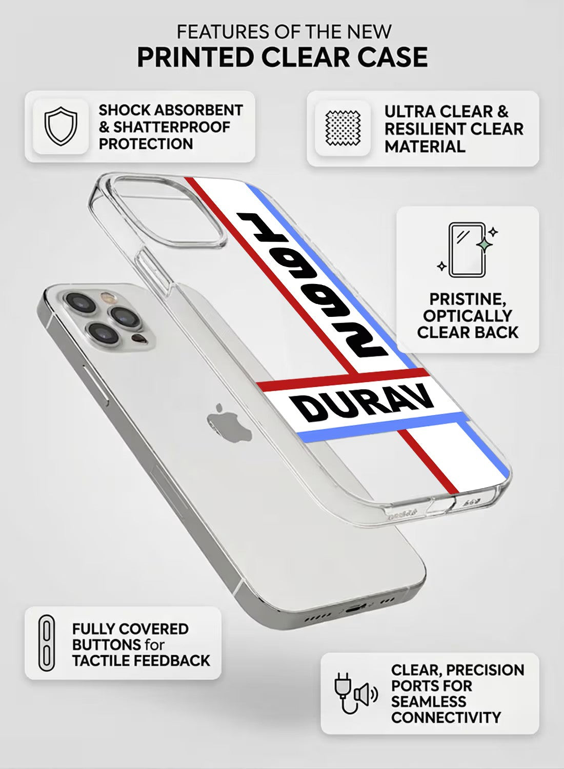 Personalized 1992 minimalist custom name phone case with red and blue stripes on clear silicone back cover.