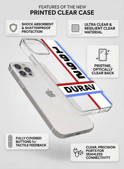Personalized 1992 minimalist custom name phone case with red and blue stripes on clear silicone back cover.