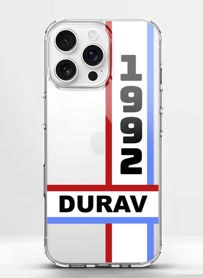 Personalized 1992 minimalist custom name phone case with red and blue stripes on clear silicone back cover.