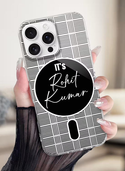 Personalized name phone case with black and white grid pattern design on a shock-absorbent clear silicone back cover.
