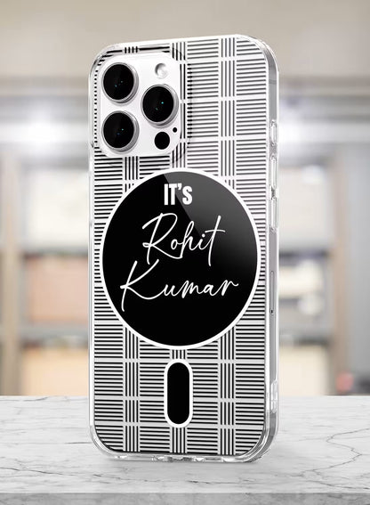Personalized name phone case with black and white grid pattern design on a shock-absorbent clear silicone back cover.