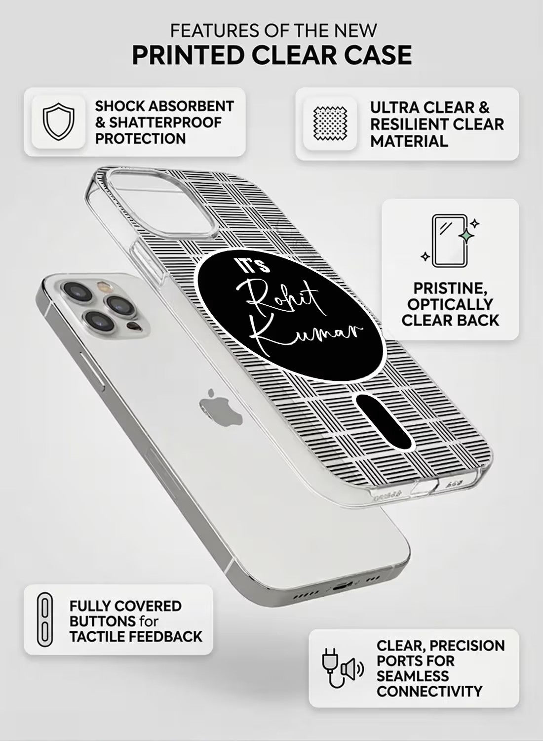 Personalized name phone case with black and white grid pattern design on a shock-absorbent clear silicone back cover.