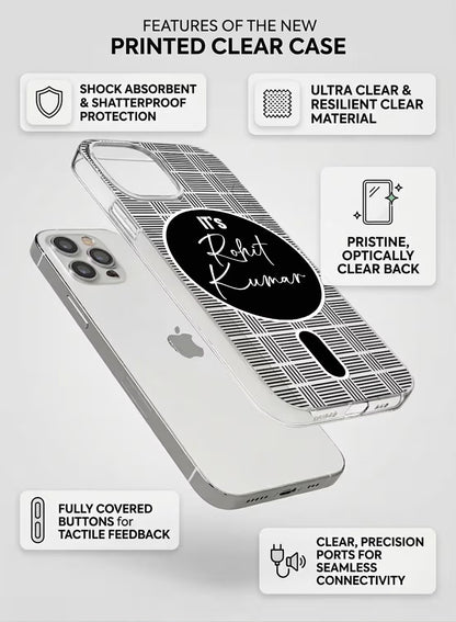 Personalized name phone case with black and white grid pattern design on a shock-absorbent clear silicone back cover.