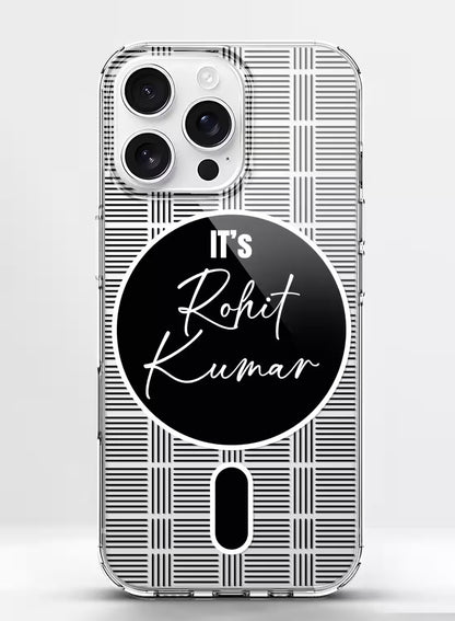 Personalized name phone case with black and white grid pattern design on a shock-absorbent clear silicone back cover.