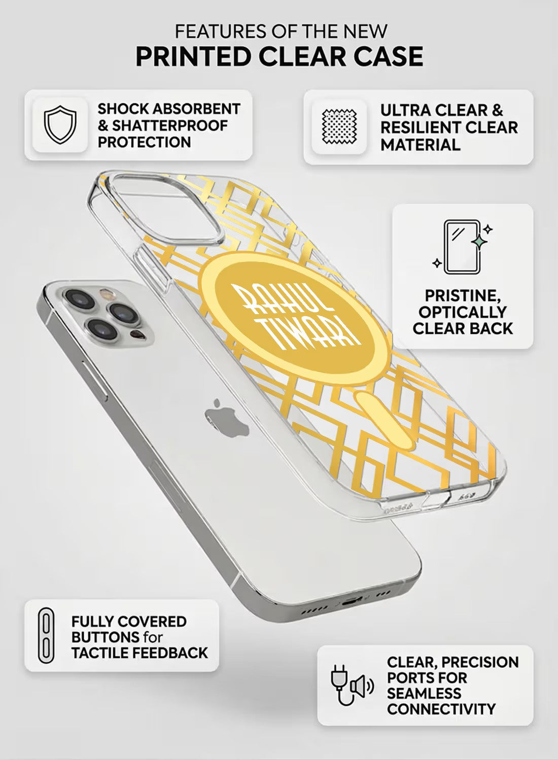 A clear smartphone case with a gold geometric pattern and a central circle for a custom name, displayed in a stylish hand.