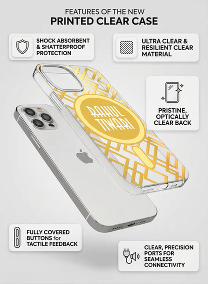 A clear smartphone case with a gold geometric pattern and a central circle for a custom name, displayed in a stylish hand.