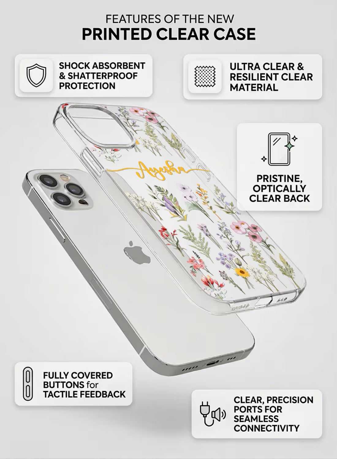 Clear silicone iPhone case featuring a delicate watercolor wildflower design with space for a custom name in gold script.