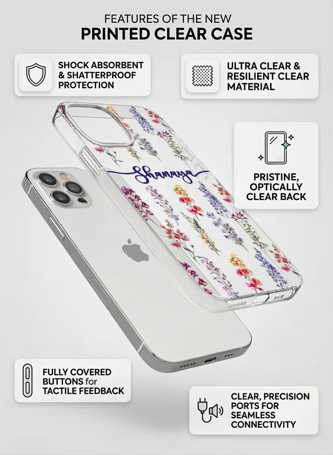 Clear silicone phone case featuring colorful watercolor wildflowers and a custom name placeholder in elegant script font.
