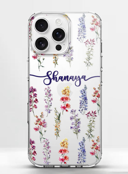 Clear silicone phone case featuring colorful watercolor wildflowers and a custom name placeholder in elegant script font.