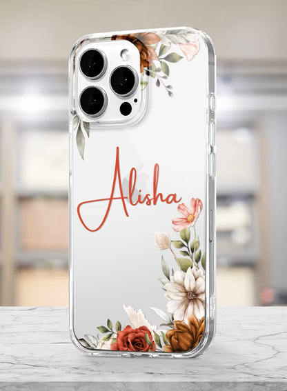 Clear silicone phone case featuring artistic rust and red watercolor floral arrangements and custom name personalization.