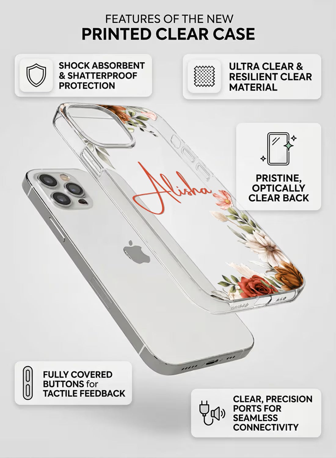 Clear silicone phone case featuring artistic rust and red watercolor floral arrangements and custom name personalization.