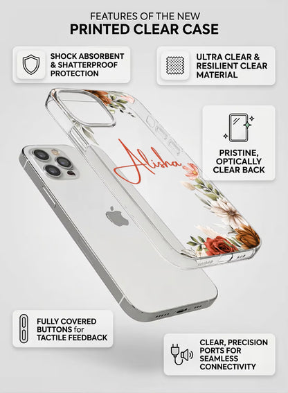 Clear silicone phone case featuring artistic rust and red watercolor floral arrangements and custom name personalization.