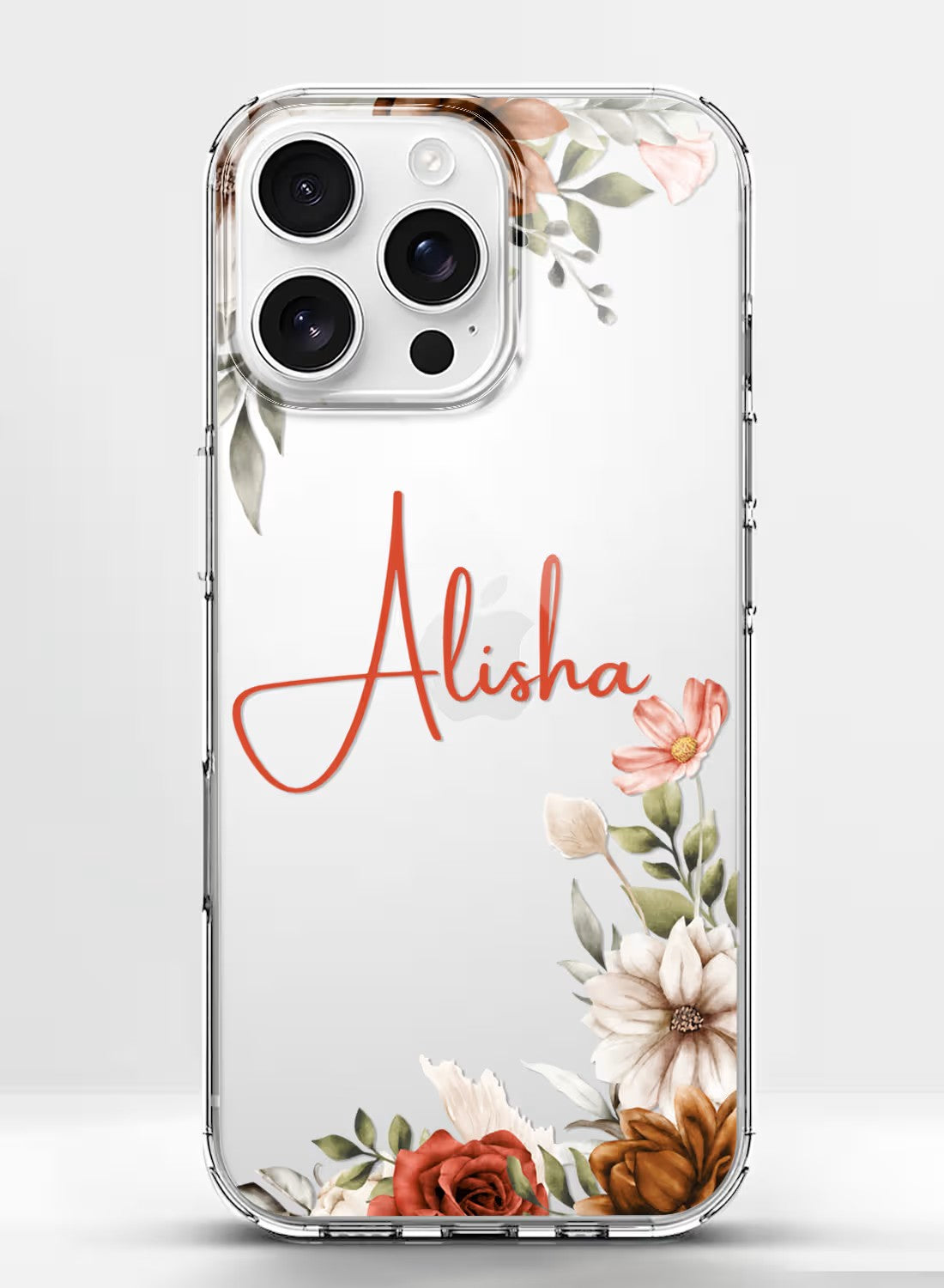 Clear silicone phone case featuring artistic rust and red watercolor floral arrangements and custom name personalization.