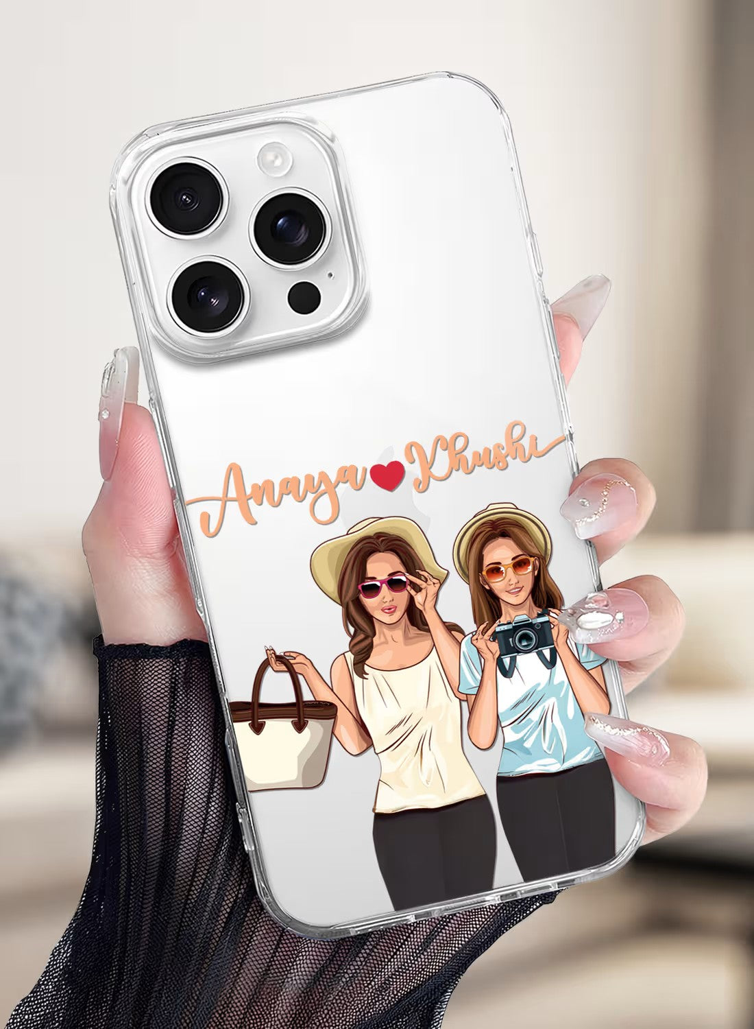 Custom name best friend travel illustration clear phone case with high-quality UV print protection for iPhone.