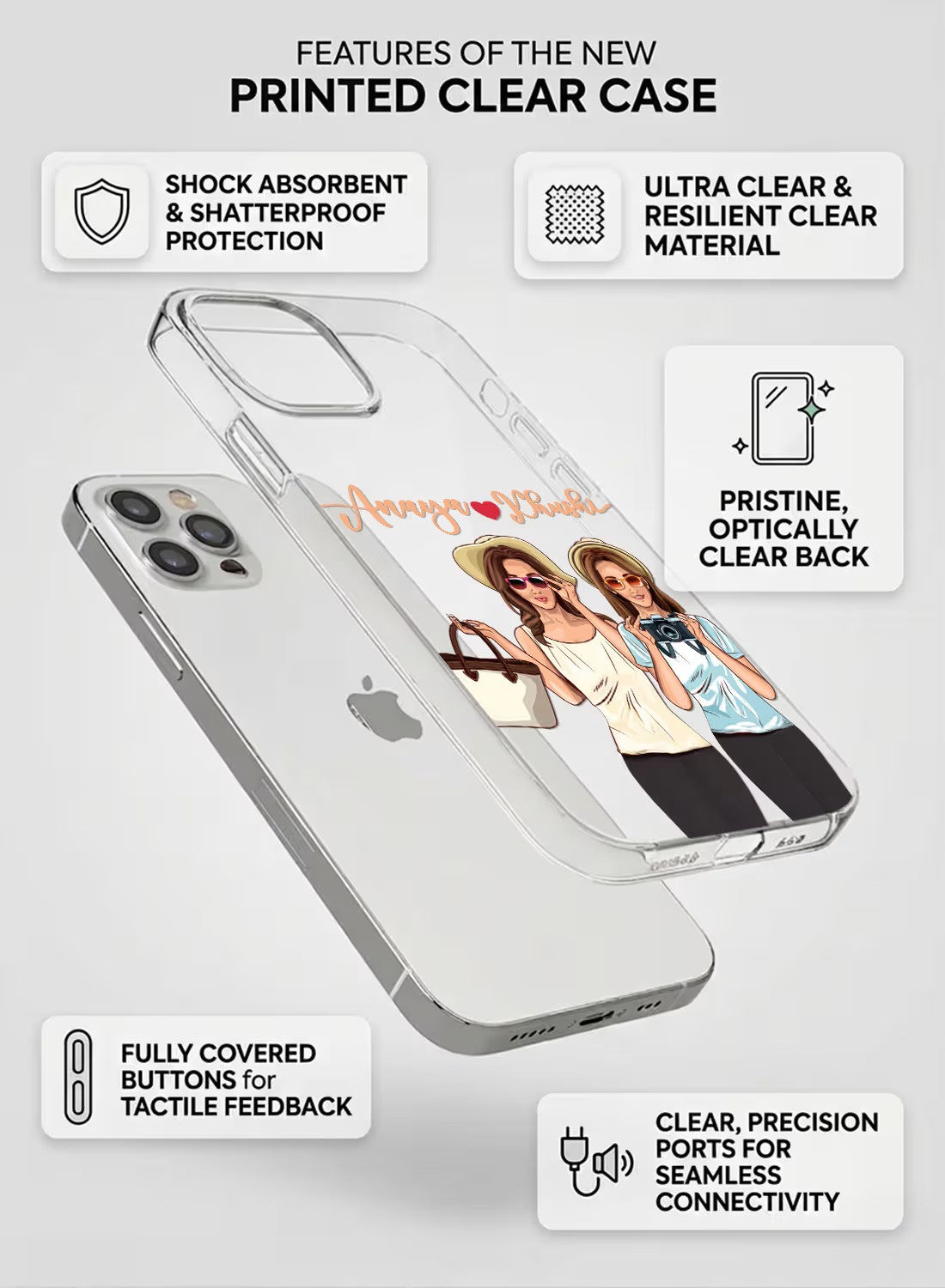 Custom name best friend travel illustration clear phone case with high-quality UV print protection for iPhone.