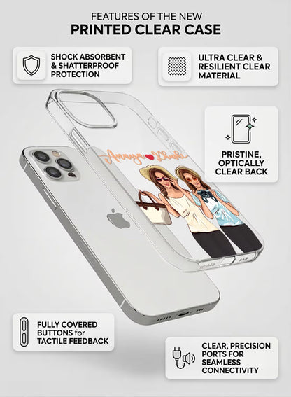 Custom name best friend travel illustration clear phone case with high-quality UV print protection for iPhone.