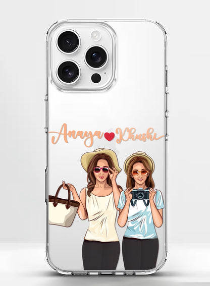 Custom name best friend travel illustration clear phone case with high-quality UV print protection for iPhone.