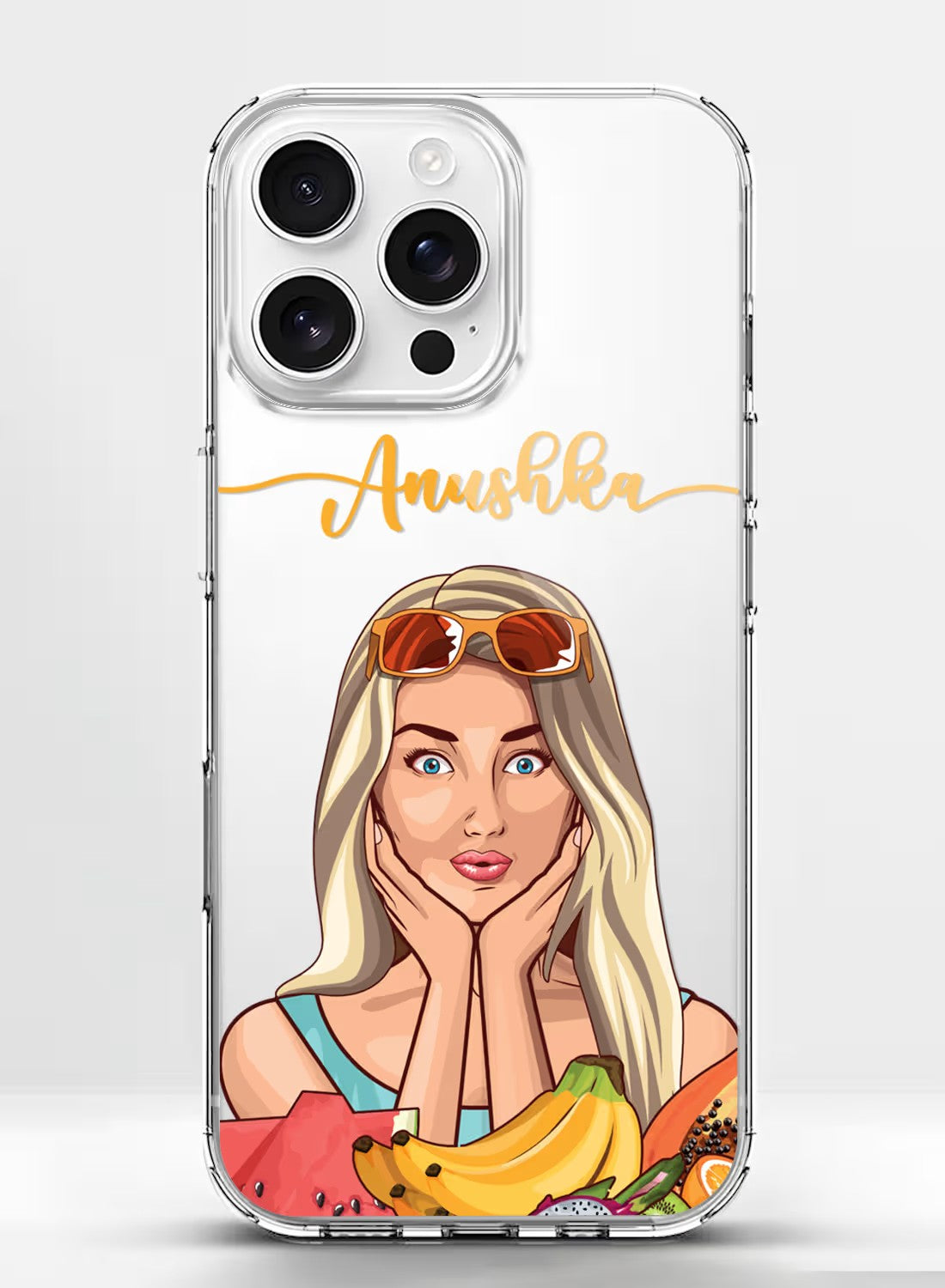 Custom name clear phone case with summer girl theme and tropical fruit print on premium UV silicone back cover.