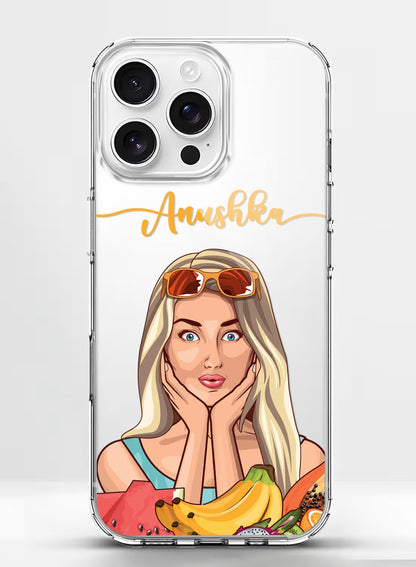 Custom name clear phone case with summer girl theme and tropical fruit print on premium UV silicone back cover.