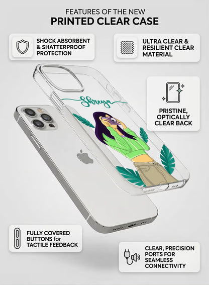 Clear phone case featuring an artistic girl photographer design with customizable text and tropical botanical prints.