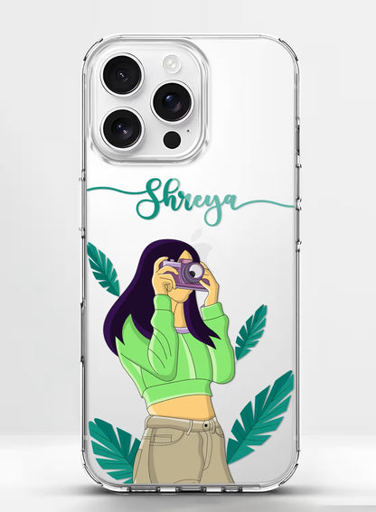 Clear phone case featuring an artistic girl photographer design with customizable text and tropical botanical prints.