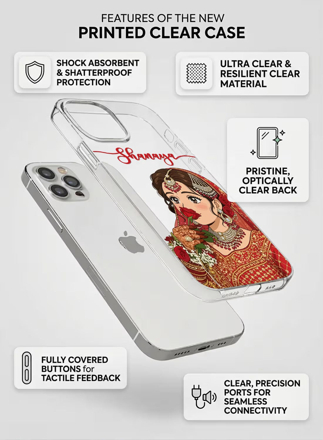 Clear silicone phone case with an Indian bride portrait holding a rose and customizable name space, shock-absorbent design.