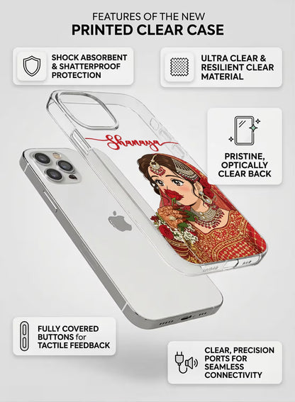 Clear silicone phone case with an Indian bride portrait holding a rose and customizable name space, shock-absorbent design.
